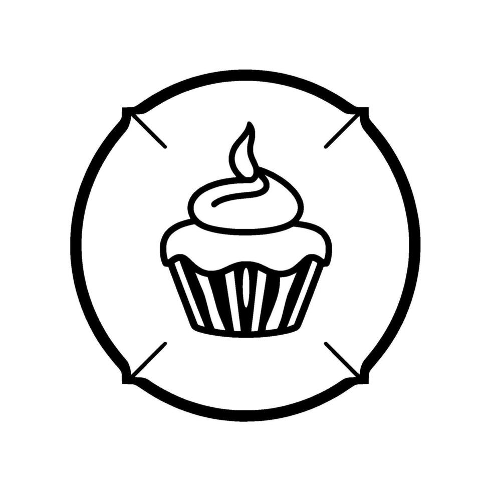 Minimalist black and white cupcake illustration within a circular frame, featuring targetlike crosshairs for focused emphasis. vector