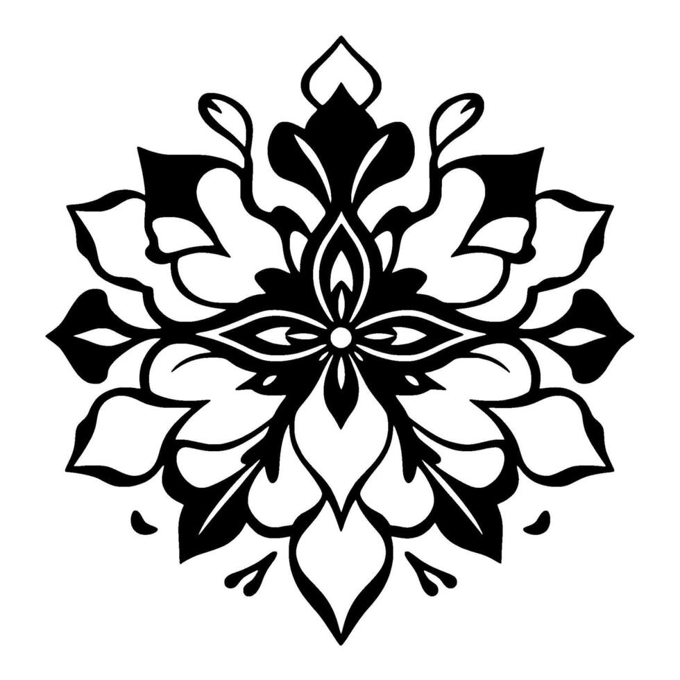 Symmetrical Floral Mandala in Black and White, Showcasing Intricate Petal and Leaf Patterns in a Clean and Minimalist Style. vector