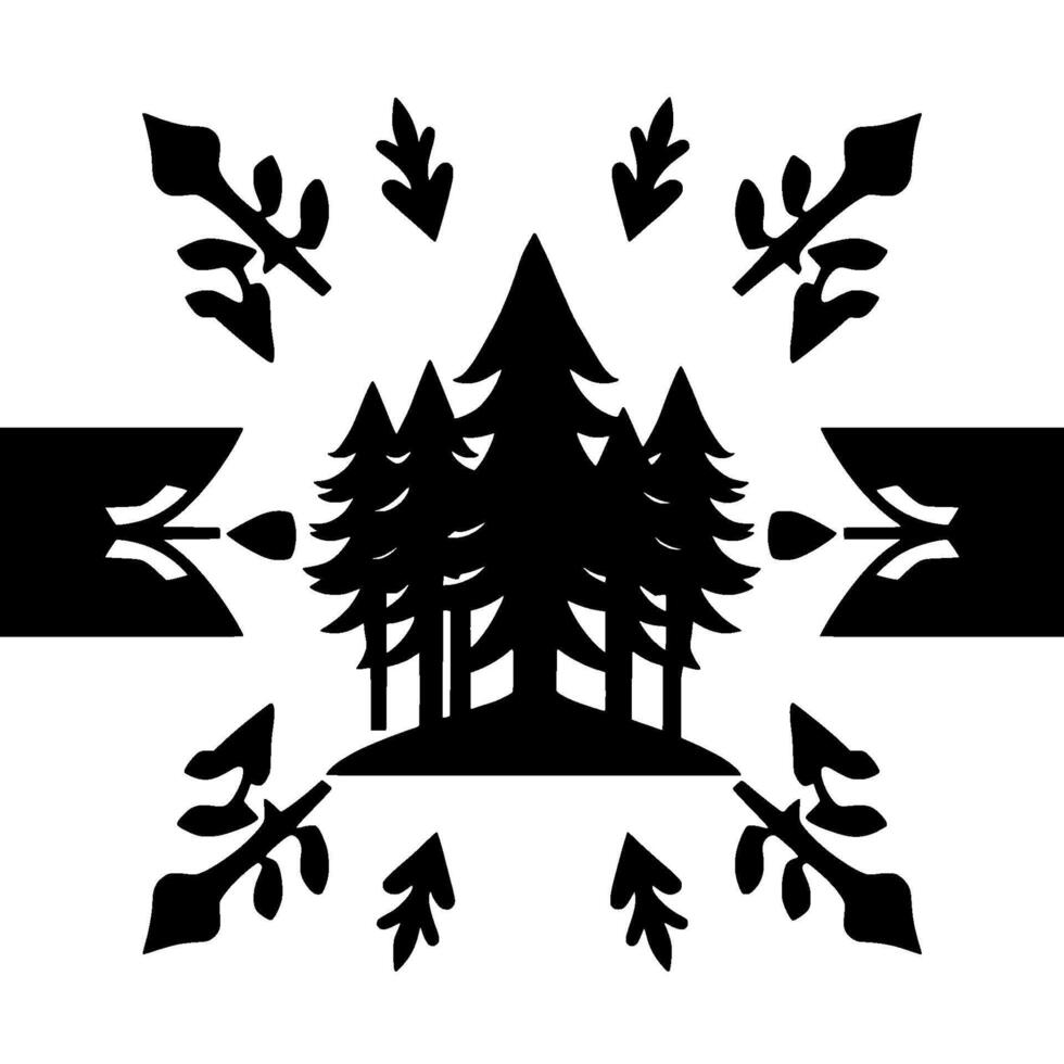 Black and white symmetrical stylized forest with decorative flourishes and negative space. vector