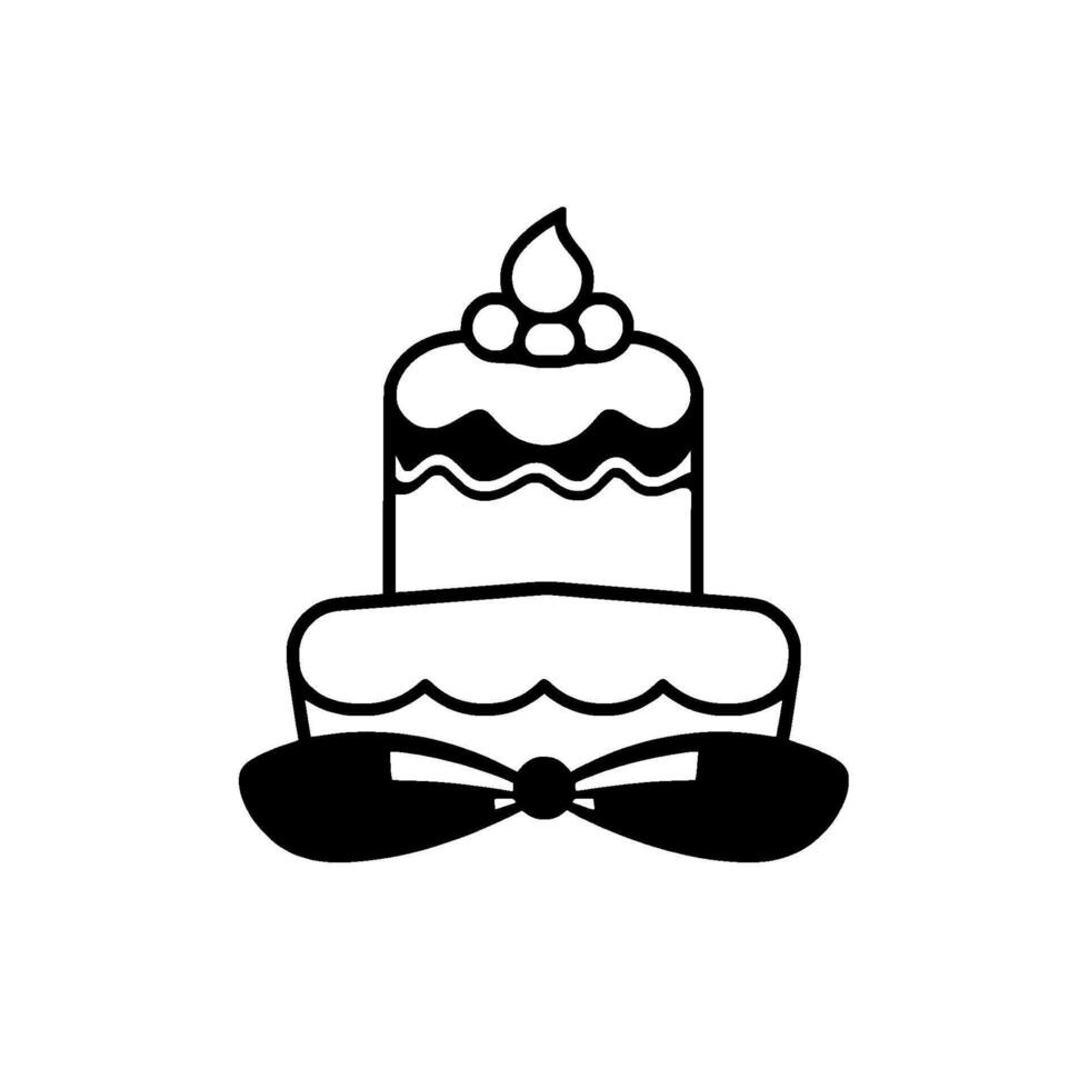 Twotiered cake, stylized with a bow tie, black and white illustration, minimalist , celebrating joyful occasions. vector