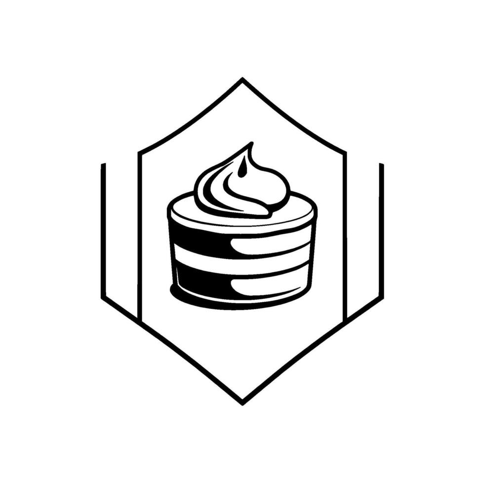 Simple, minimalist black and white illustration featuring a layered dessert topped with whipped cream, enclosed within a hexagonal frame, creating a like composition. vector