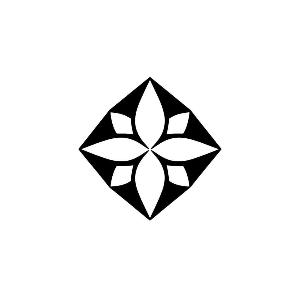 Geometric black and white floral pattern, symmetrical within a diamondshaped frame, clean minimalism. vector