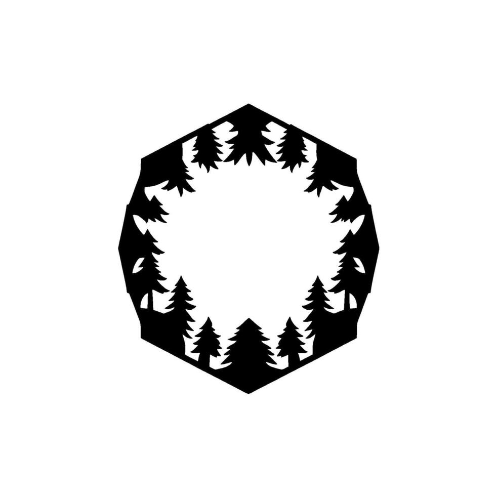 Black and White Hexagonal Frame Silhouette Featuring Evergreen Trees, Illustrating Natures Beauty and Minimalism. vector
