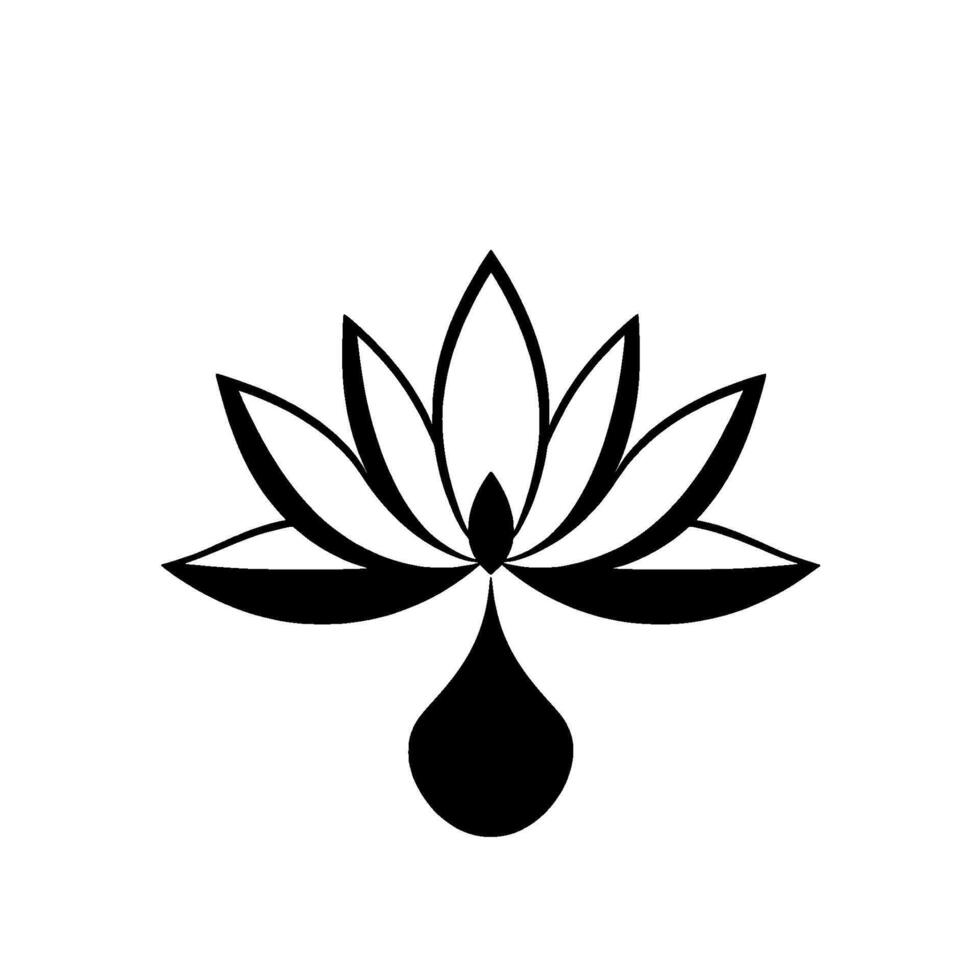 Minimalist black and white lotus flower with a teardrop pendant, symbolizing purity, enlightenment, and balance. vector