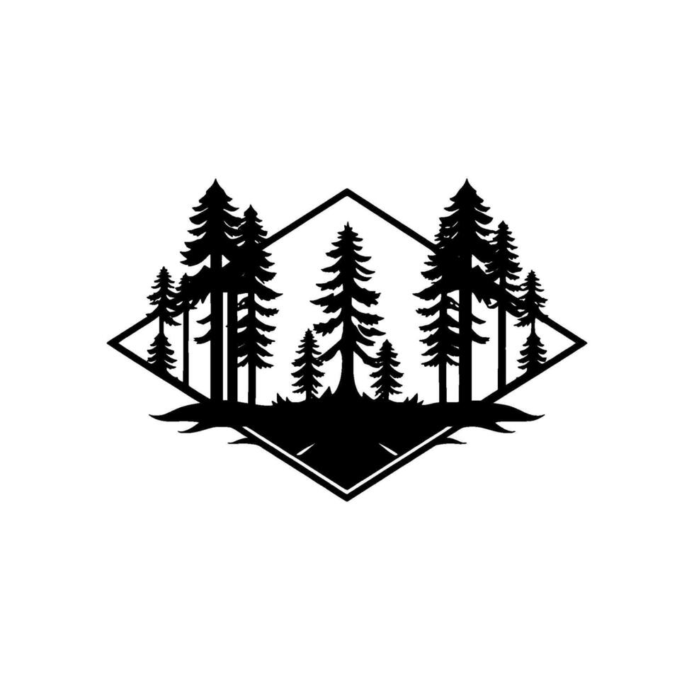 Geometric Black Silhouette of a Forest Landscape Inside a DiamondShaped Frame, Emphasizing Natures Serenity and Outdoor Vibe. vector