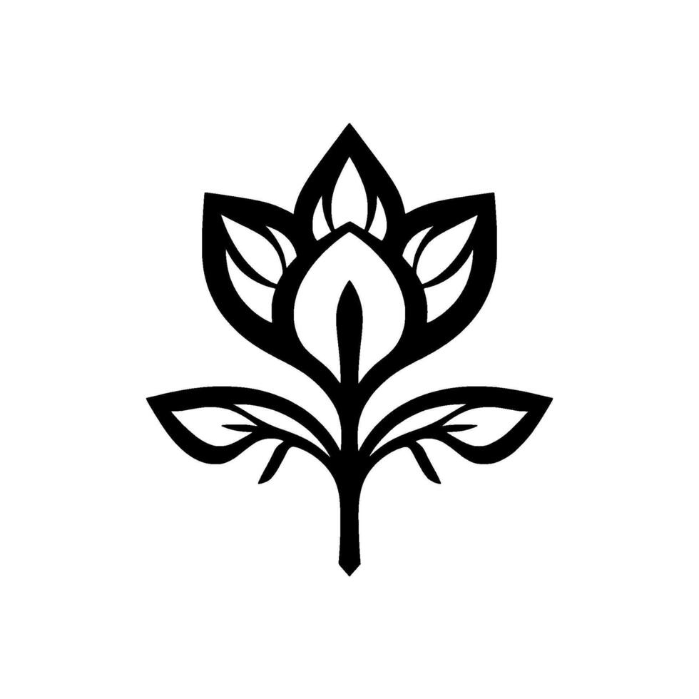 Intricate Black and White Floral Stylized Silhouette of a Blooming Flower with Detailed Petals and Leaves, Isolated on a White Background. vector