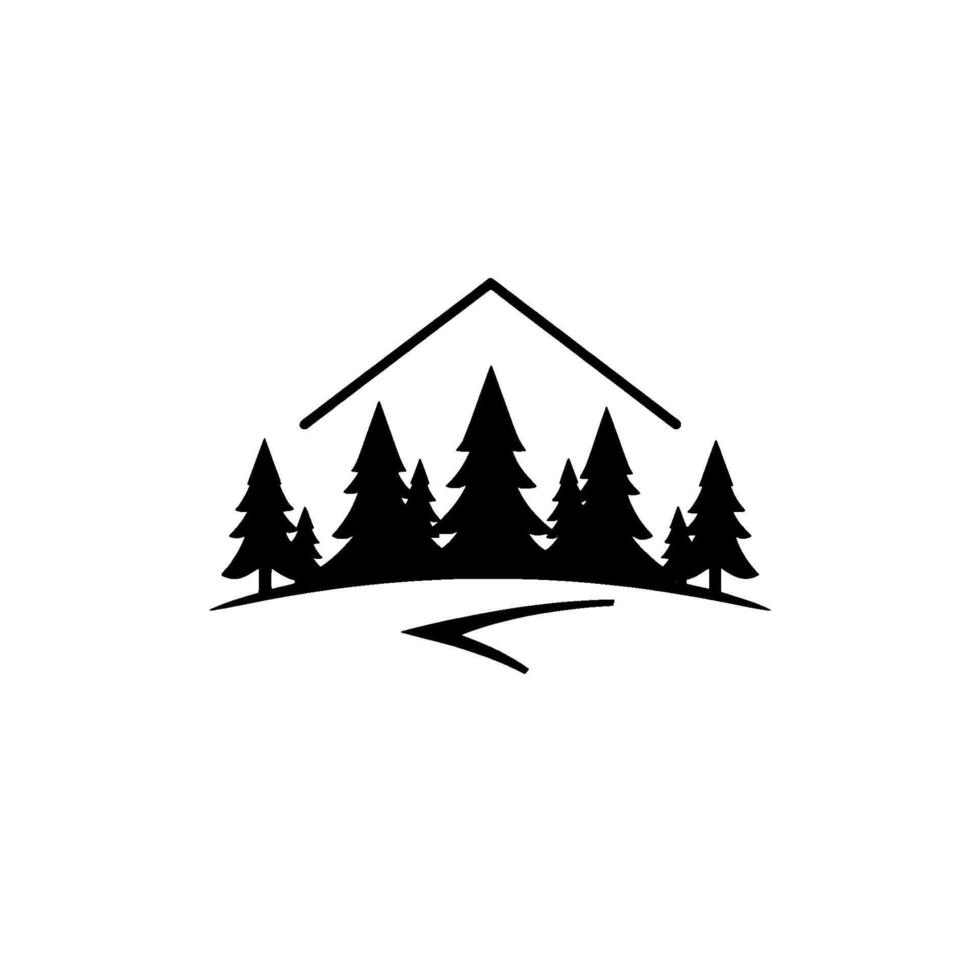 Stylized Black and White Featuring Evergreen Trees, a Path, and a HouseShaped Frame, Representing Natures Calm and Peace. vector