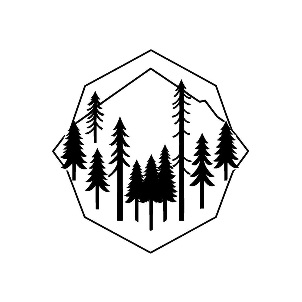 Geometric Forest Scene in a Hexagon Frame Silhouette of Evergreen Trees and Mountain in Minimalist Style vector