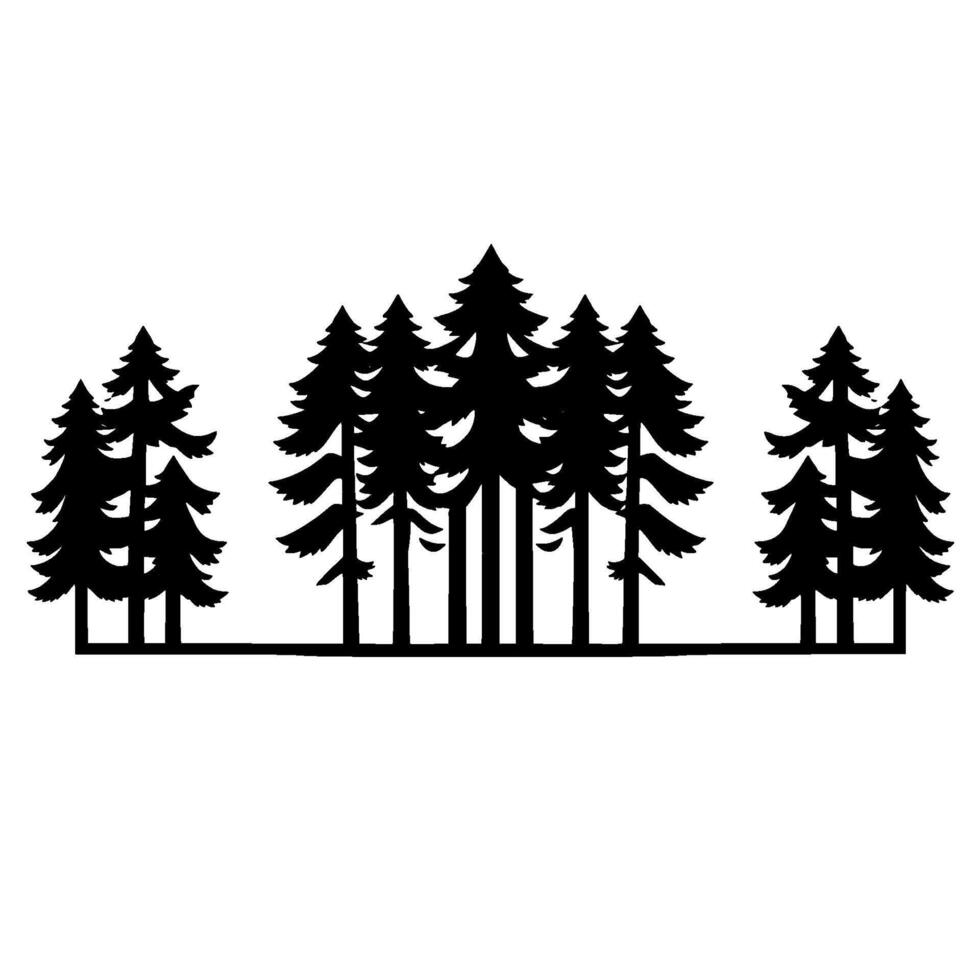 Silhouetted Black and White Forest Scene Depicting a Tranquil Grove of Evergreen Trees Against a Blank White Backdrop. vector