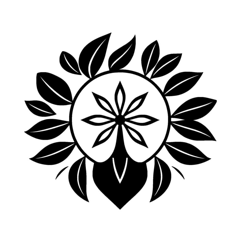 Intricate black and white floral with concentric leaflike elements surrounding a stylized flower core and symmetrical base. vector