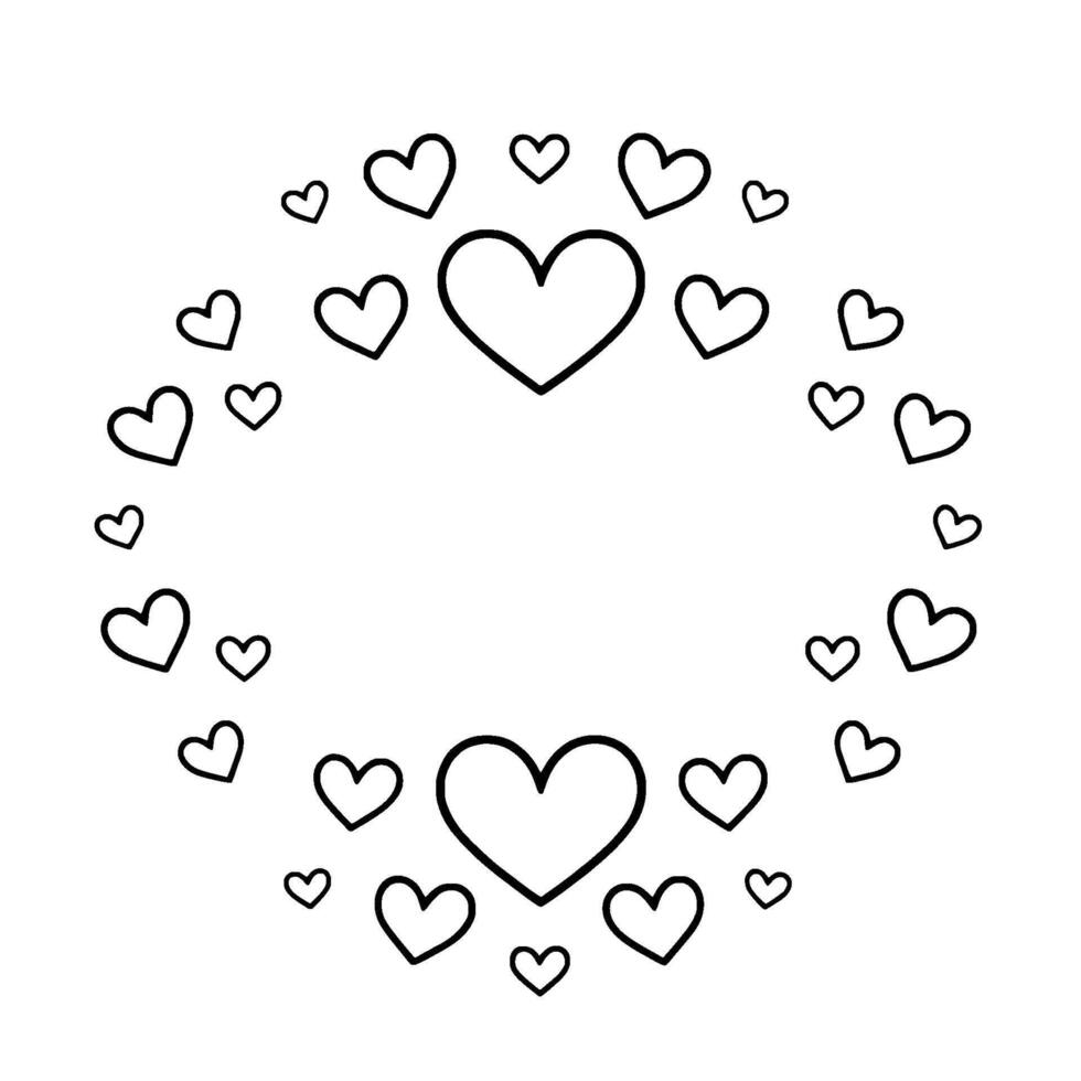 A ring of black outlined hearts, ranging in size, encircling an empty space against a stark white background, conveying love. vector