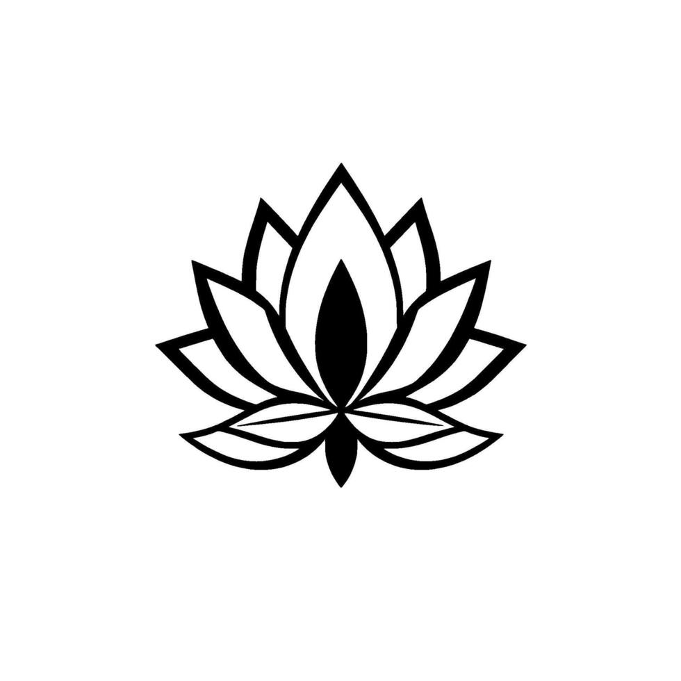Intricate black and white minimalist lotus flower , symmetrical on a stark white backdrop, representing purity and peace. vector