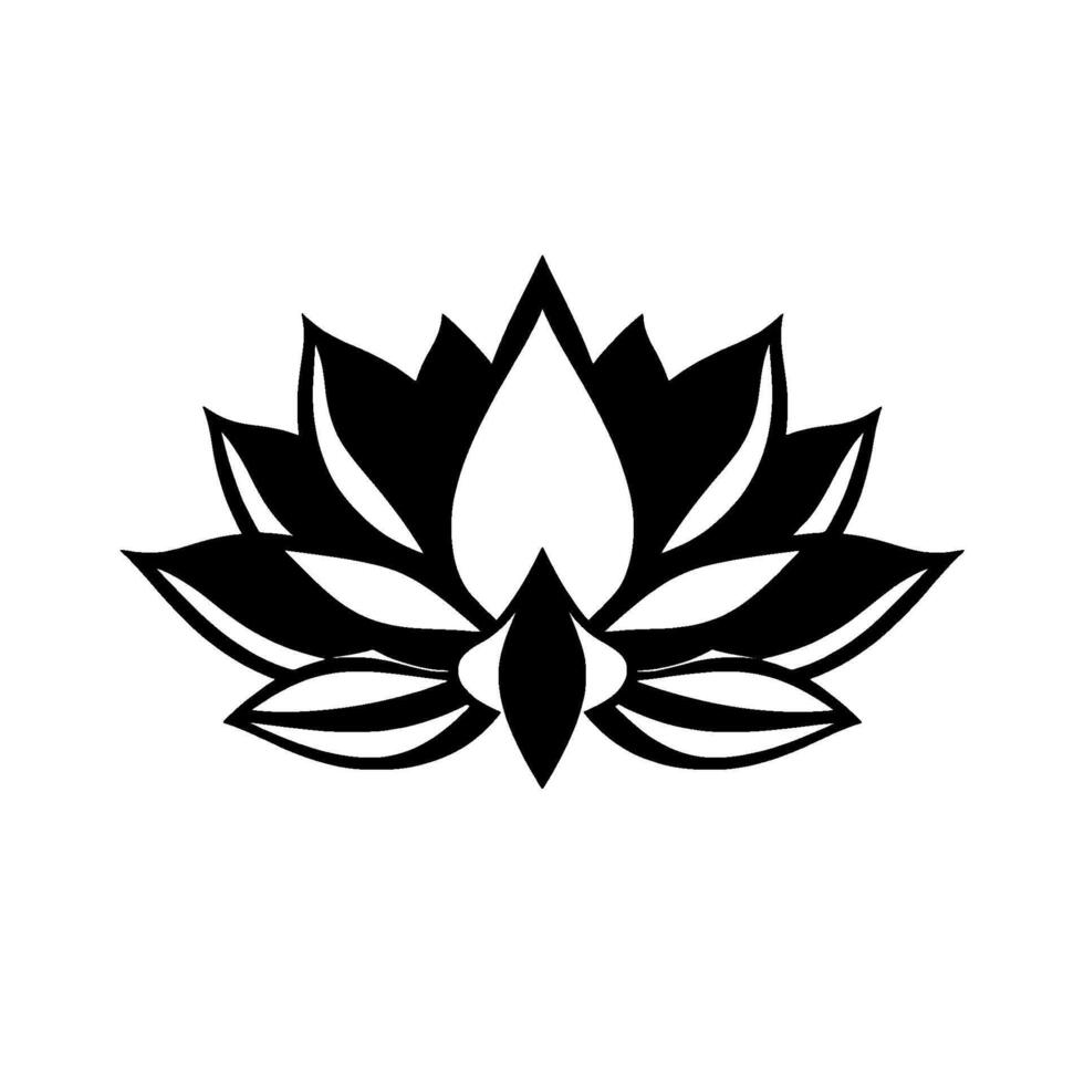 Bold Black and White Lotus Flower Symmetrical Minimalist Isolated on White Background, Featuring Petals and Elegant Curves. vector