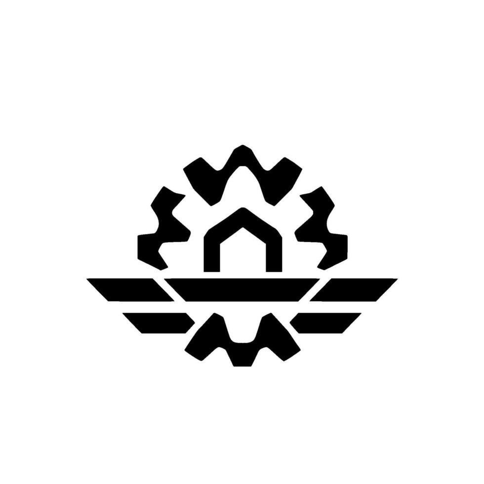 A geometric, stylized, monochrome emblem featuring a central house shape within a gear, resting above and below additional gearlike elements, all against a clean white backdrop. vector