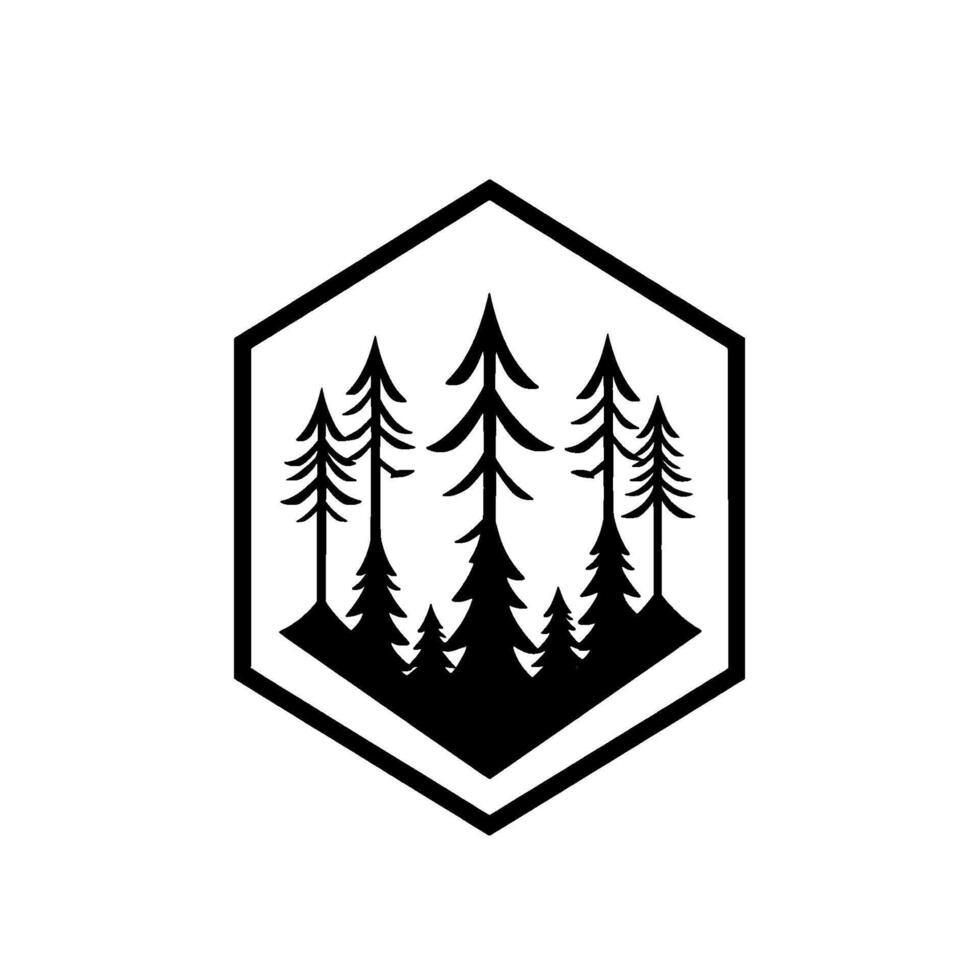 Geometric Black and White Forest Pine Trees Silhouetted within a Hexagonal Frame, NatureInspired . vector