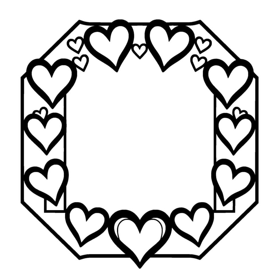 Geometric Black White Frame Embellished with HeartShaped Motifs, Romantic Decor, with an Octagonal Shape. vector