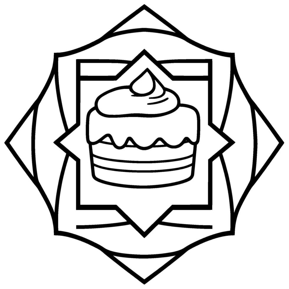 Intricate, black and white line art of a layered cake with whipped cream, enclosed within a star and ornamental geometric frame. vector