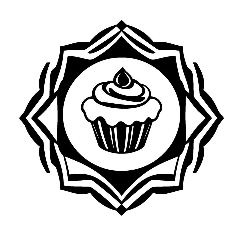 Stylized Black and White Illustration A Cupcake Centerpiece within an Ornate, Geometric Frame, suggesting elegance. vector