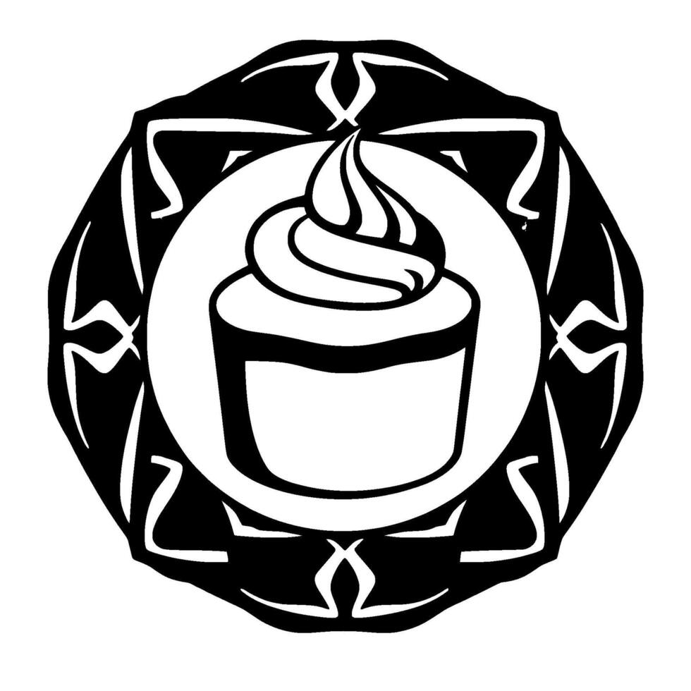 Monochrome Cupcake within Decorative Black and White Ornamental Circle, Simple Line Art Dessert . vector