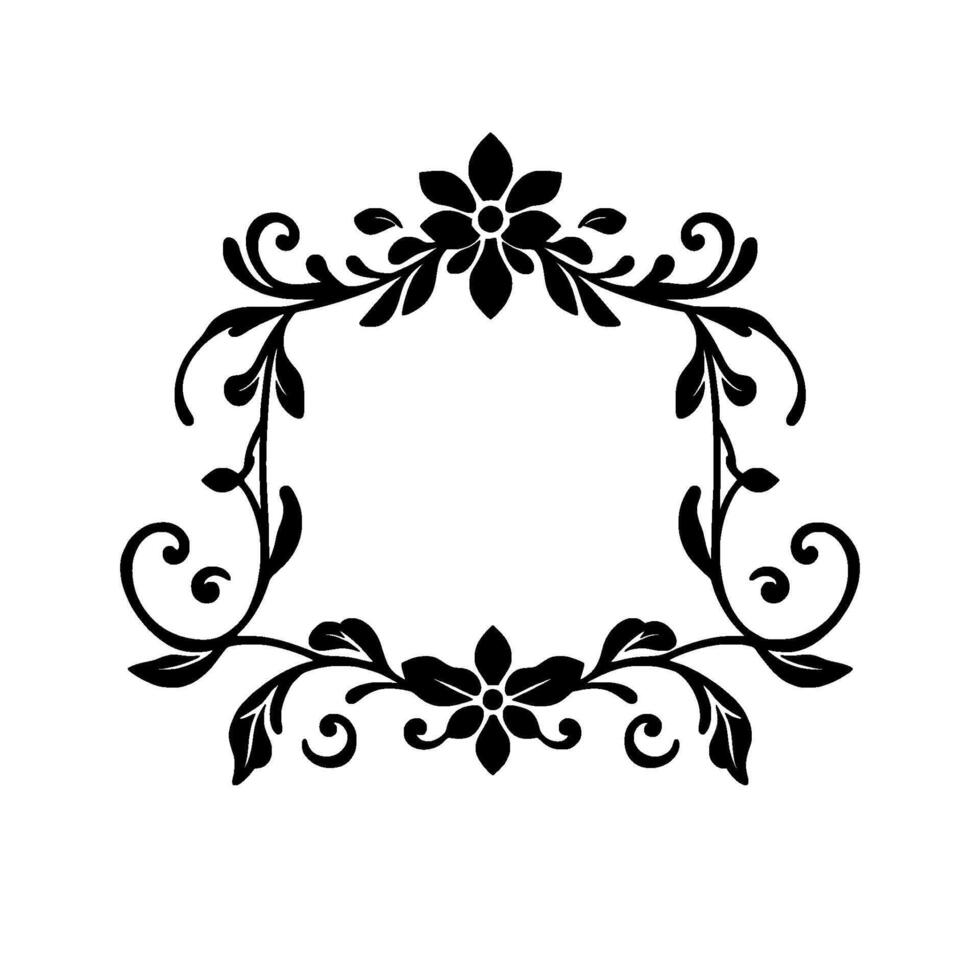 Black Floral Rectangular Frame with Detailed Leaves and Swirls on White Background, Elegant and Decorative . vector