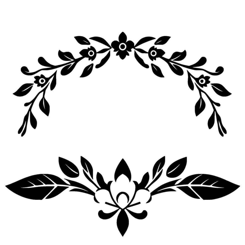 Elegant Black Floral Elements HalfCircle Garland Symmetrical Flower Motif on White Backdrop. vector