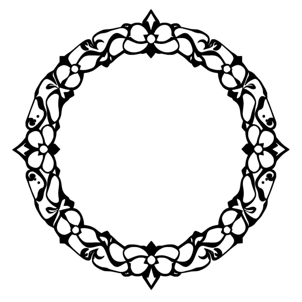 Intricate Circular Floral Frame in Black and White, Featuring Ornate Detailing and Symmetrical Arrangement, Suitable for Elements. vector