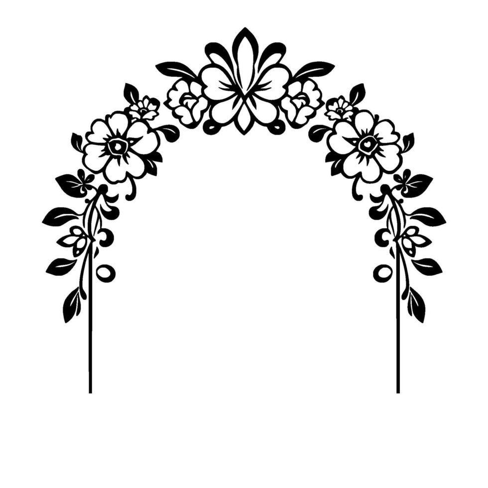 Black and white floral arch with stylized flowers, leaves, and vines, arranged in a symmetrical, decorative, and elegant pattern. vector