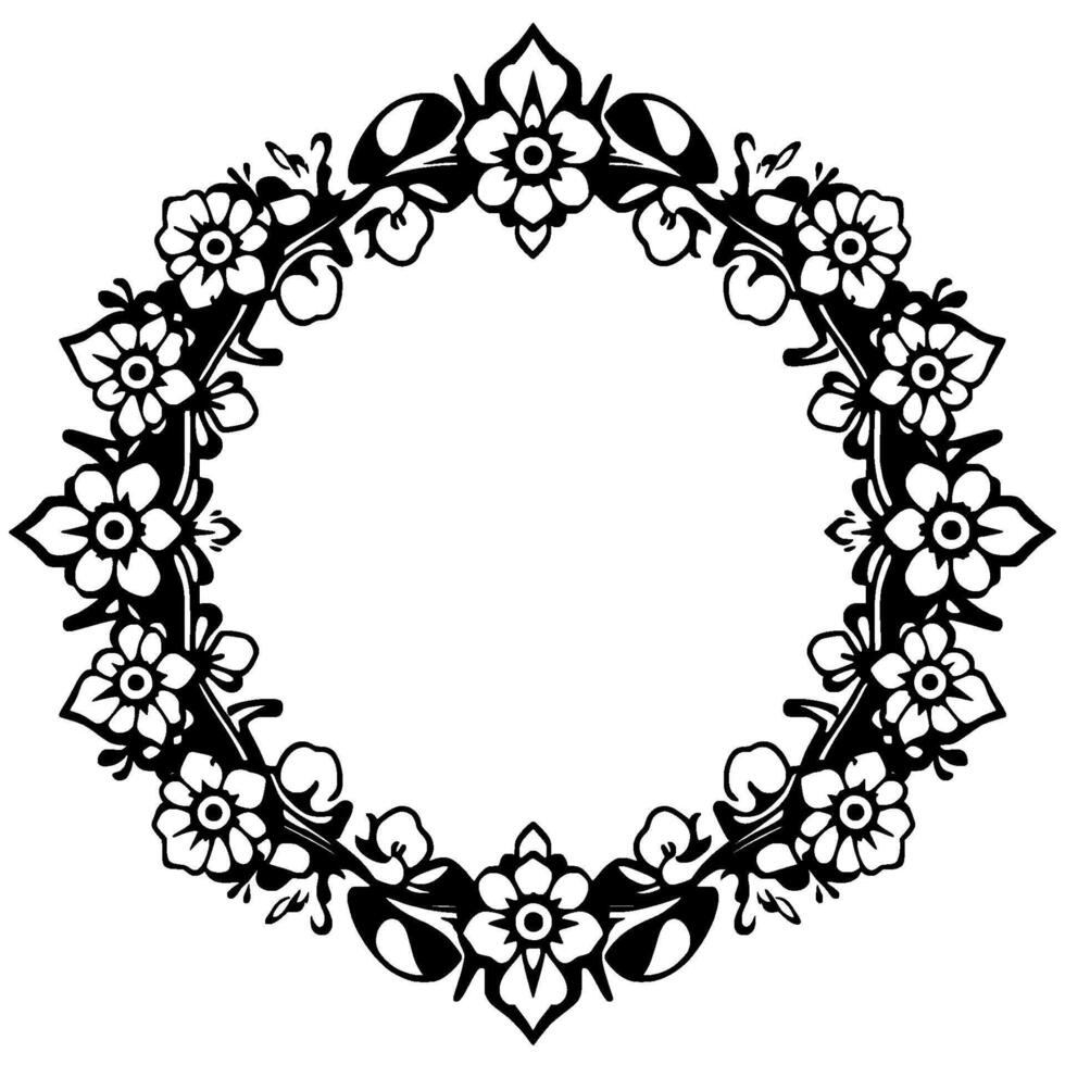 Intricate Black and White Floral Wreath with Delicate Flowers, Leaves, and Ornamental Details, Framing a Circular Void. vector