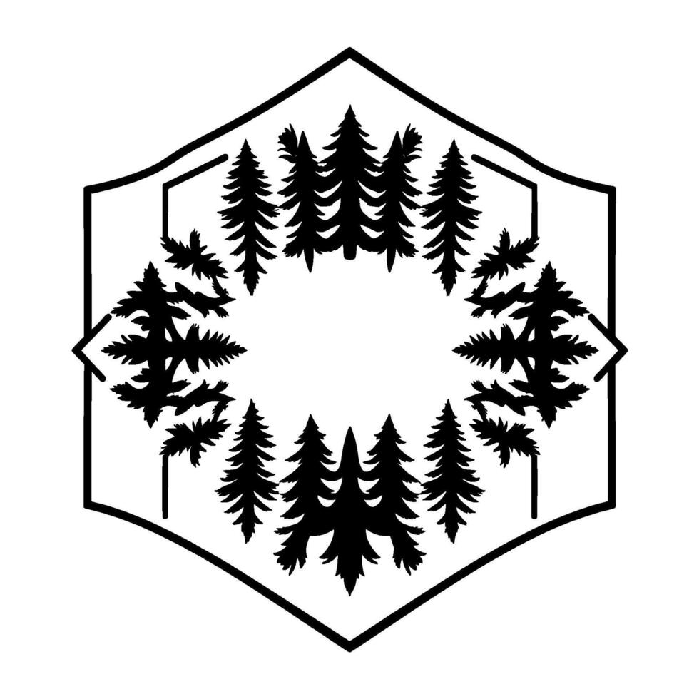 A symmetrical, minimalist forest scene, composed of black fir trees within a hexagonal geometric border, a stark monochrome . vector
