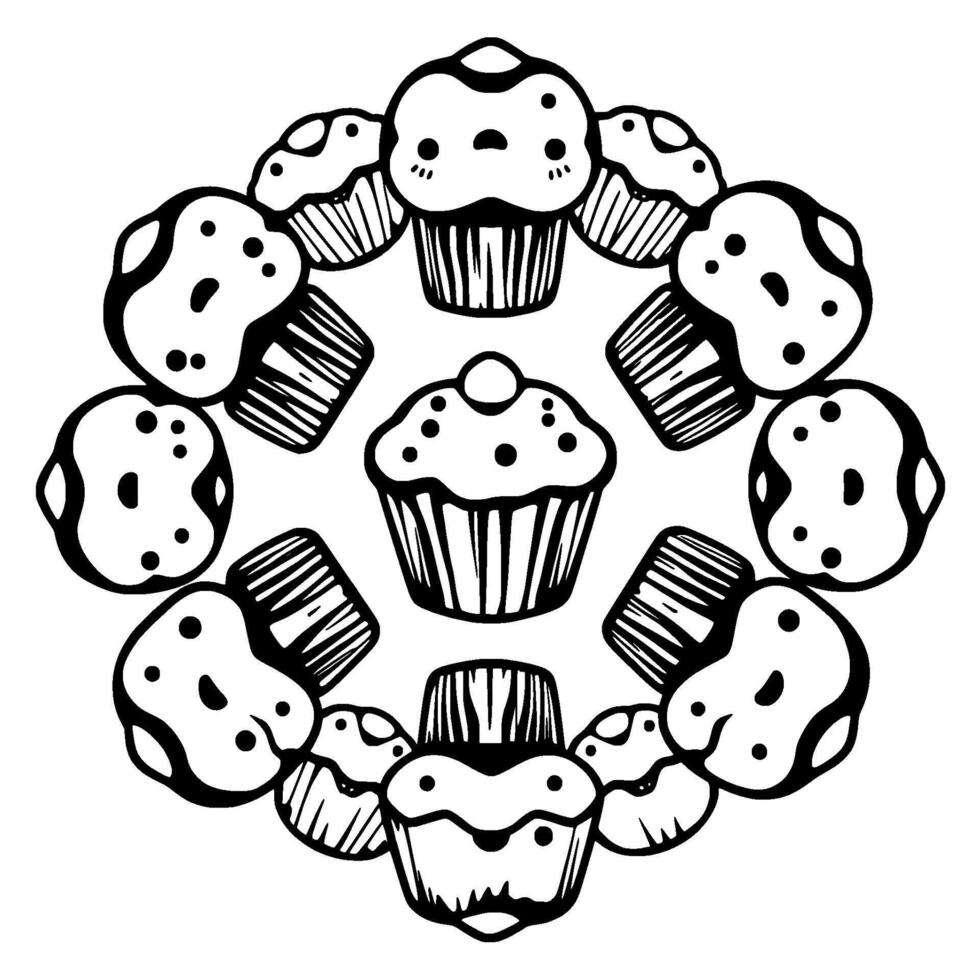 Whimsical Black and White Mandala A Circular Arrangement of Cartoon Cupcakes with Dots, Dots and more Dots. vector