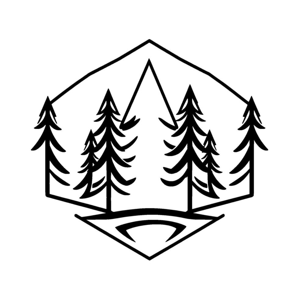 Minimalist geometric illustration Black pine trees within a hexagon and triangle frame, evoking nature outdoor adventure. vector