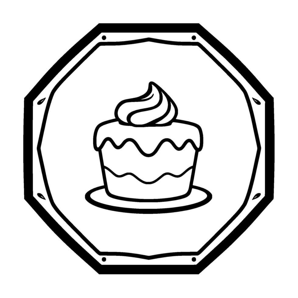 Monochrome illustration of a frosted cake within an octagonal border, showcasing layered sponge and cream swirl. vector