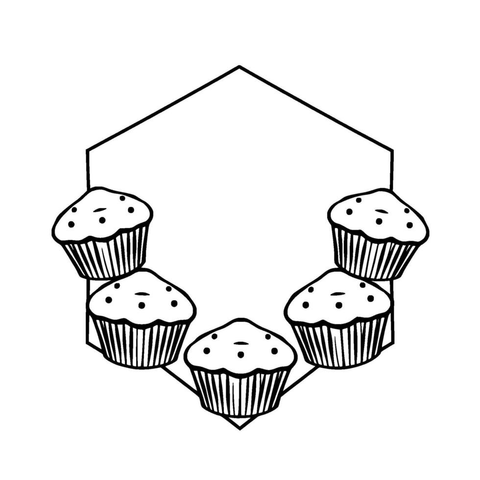 illustration of five cupcakes arranged around a hexagon frame, showcasing a simple, black and white, and minimalistic food . vector