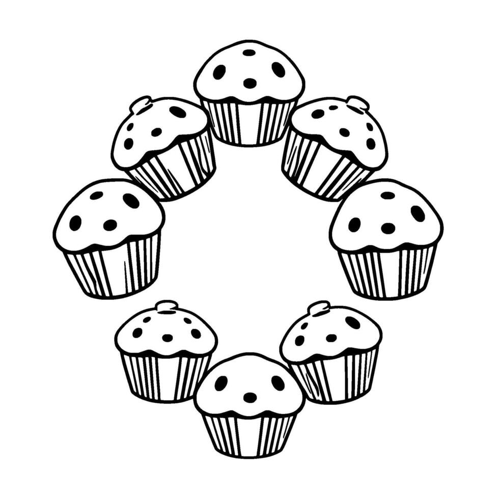 Circular Arrangement of Black and White Cupcakes, with a Whimsical, HandDrawn Style, and Decorative Dots. vector