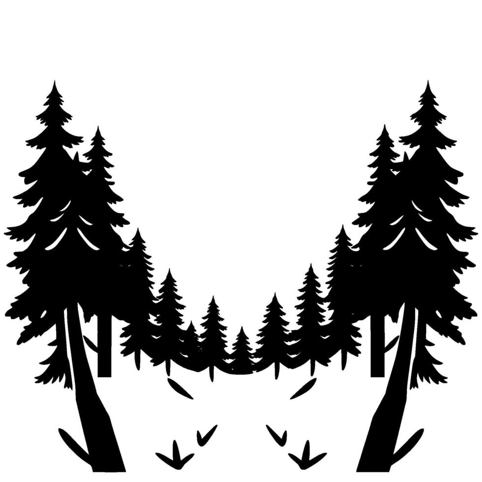 Black Silhouette Forest Scene Symmetry of Evergreen Trees Trail Markers, Minimalist on White Backdrop. vector