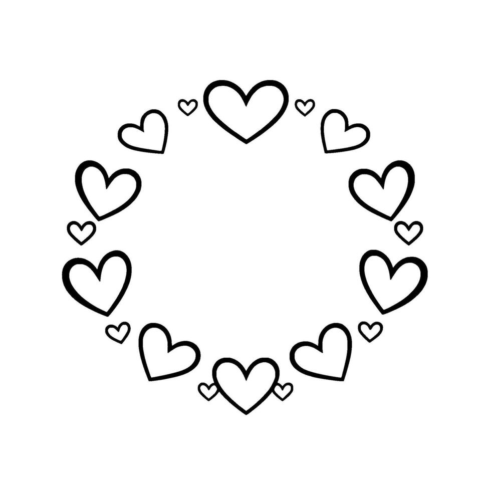 A Simple, Elegant Illustration of a Circular Frame Composed of Various Sized HandDrawn Hearts on a White Background. vector