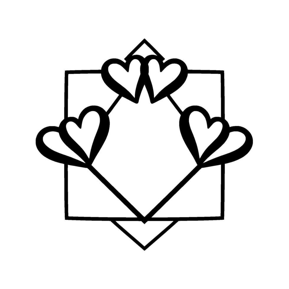 Black and white geometric heart illustration with a square and diamond frame. vector