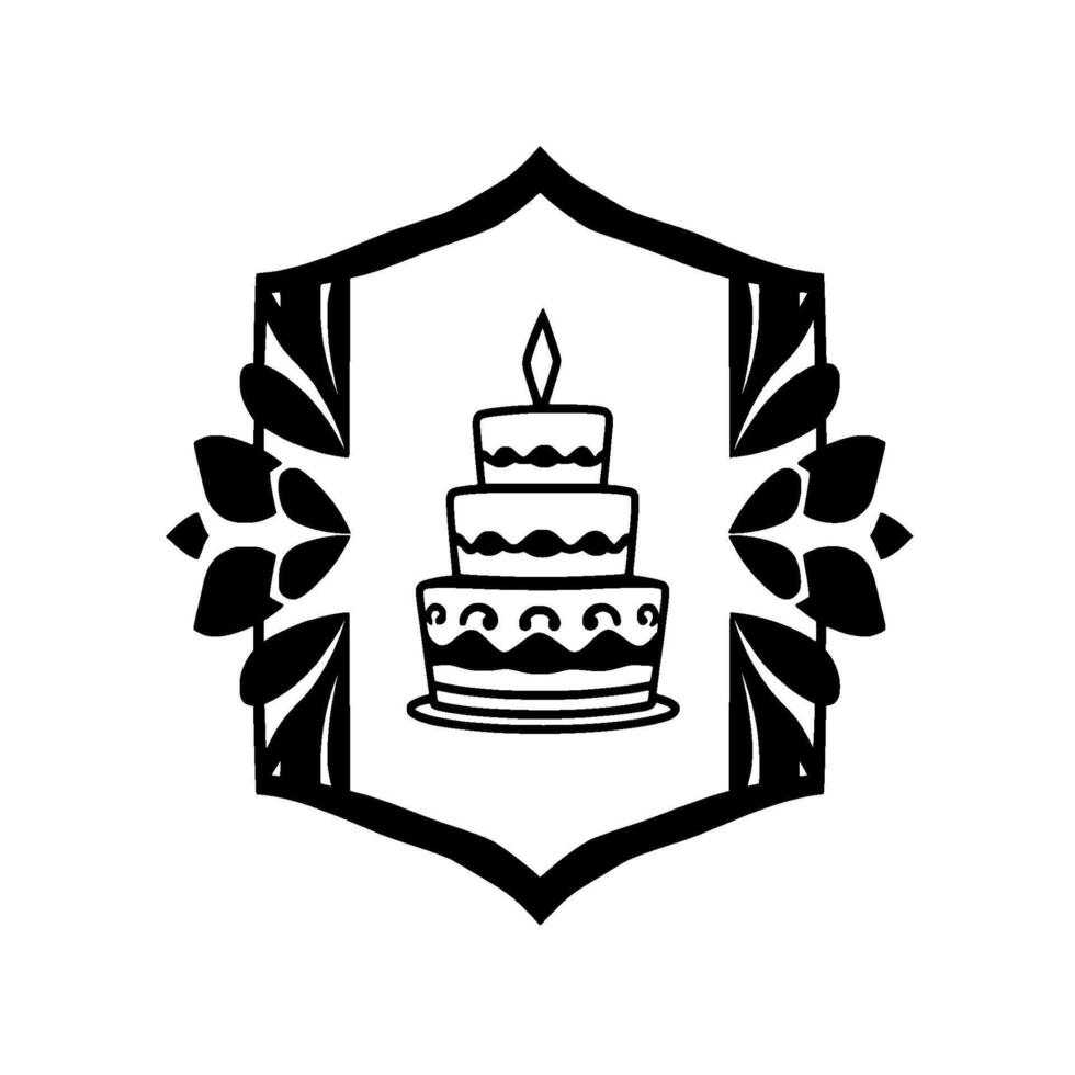 Elegant threetiered cake illustration enclosed in ornate, floralframed hexagonal border with candle, monochrome . vector