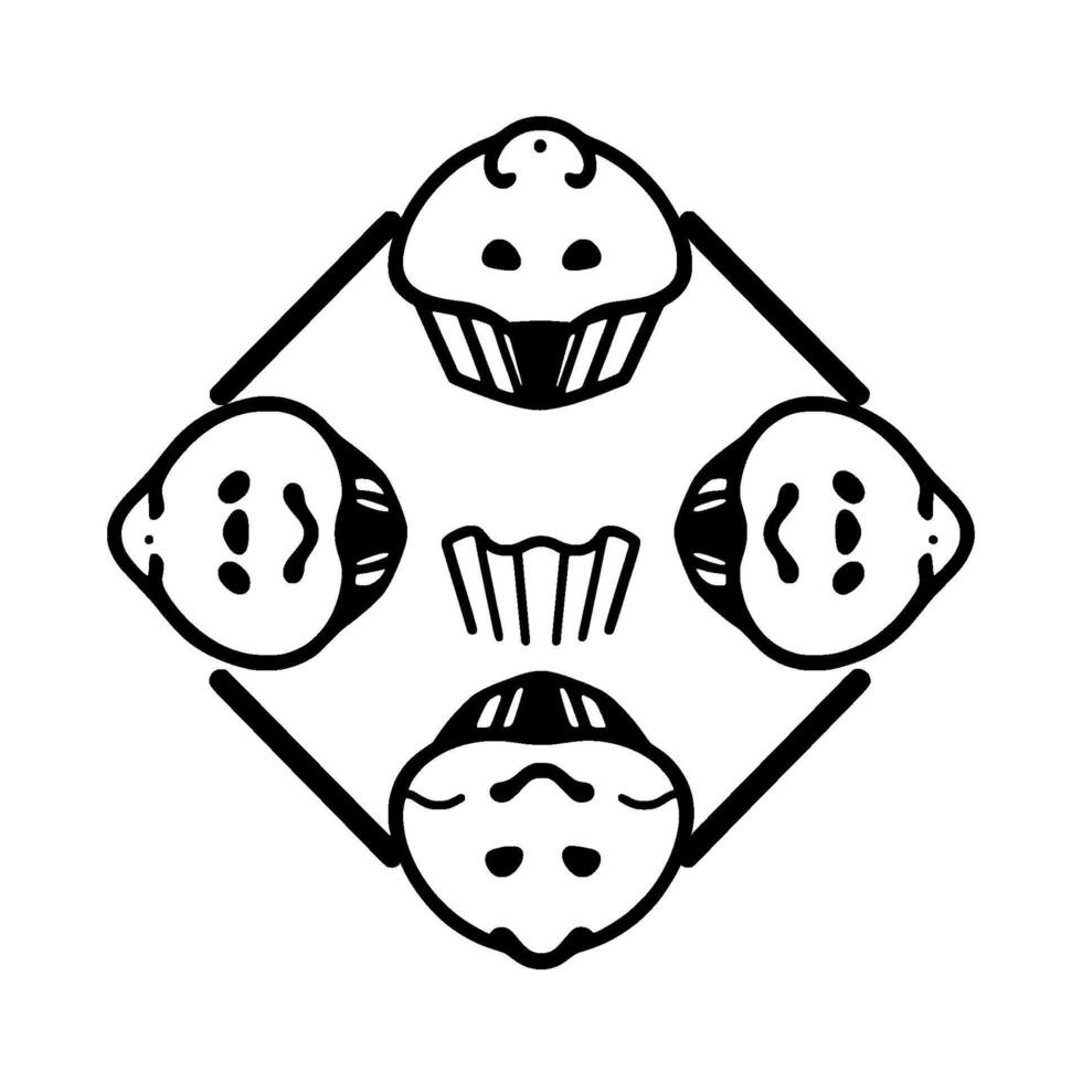Abstract black and white geometric featuring four stylized cupcakes arranged in a diamond pattern with minimalist elements. vector