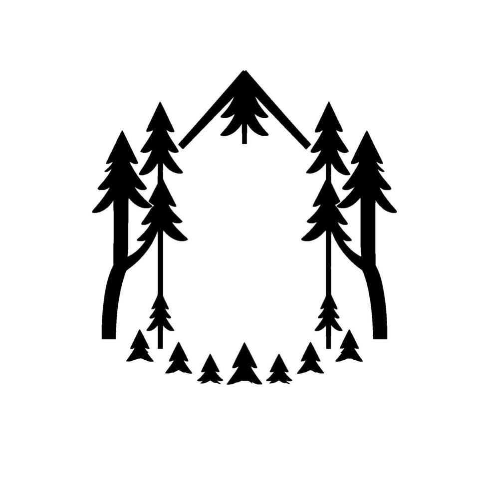 Stylized Monochrome Forest Scene Geometric Outline of Pine Trees Forming Oval with Central Mountain Shape, Isolated. vector