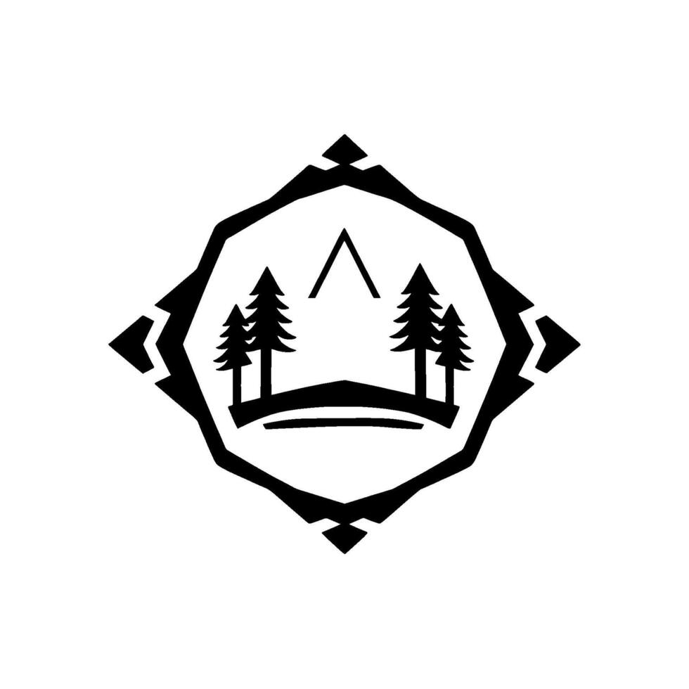 Minimalist Black and White Emblem Depicting Forest Scene with Pine Trees, a Bridge, and Mountain Silhouette within a Geometric Frame. vector