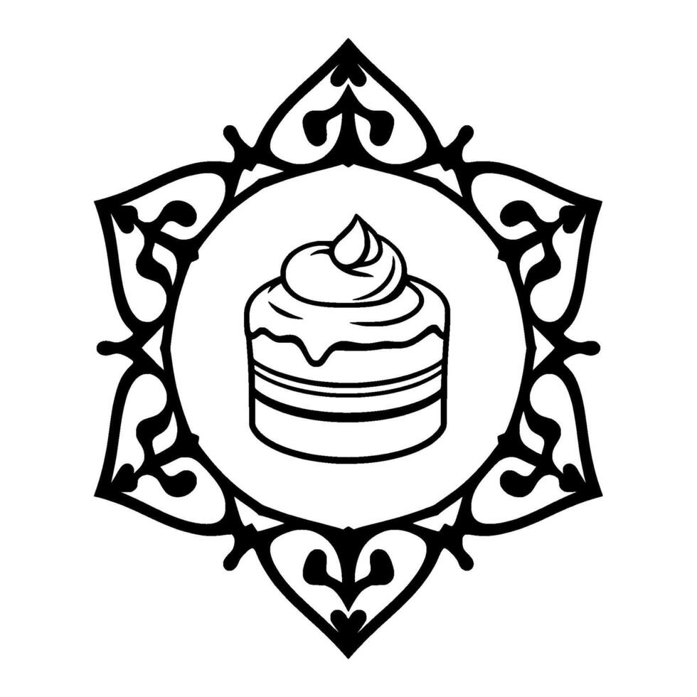 Intricate Illustration of a Dessert Cake Inside an Ornate Geometric Frame, Black and White. vector