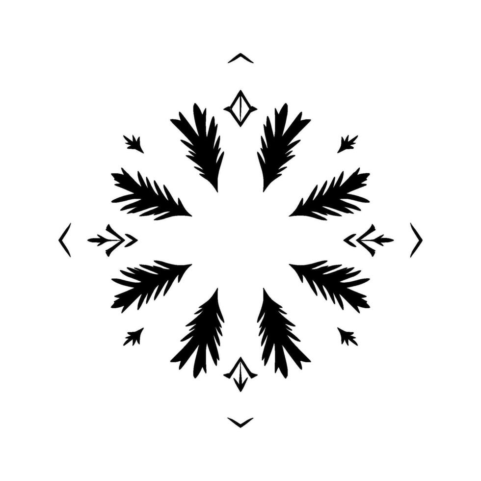 Radial BlackandWhite Composition featuring stylized leaflike forms, geometric shapes, and a symmetrical on a white background. vector