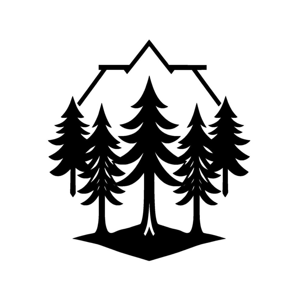 Stylized black and white illustration of a mountain range silhouette embracing a forest of evergreen trees, conveying nature and adventure. vector