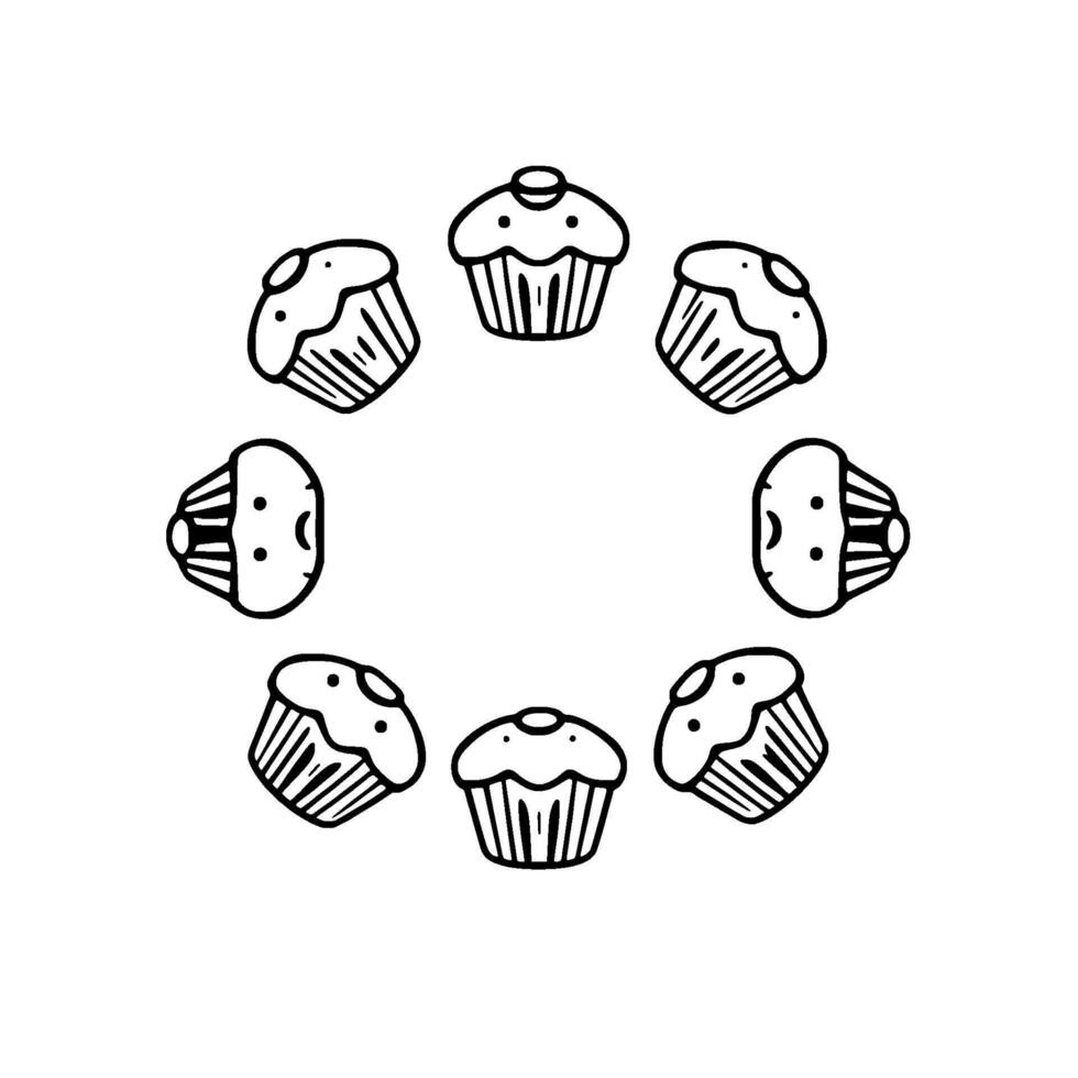 Circular arrangement of eight handdrawn cupcakes with smiling faces, in a simple, monochrome line art style, on a white background. vector