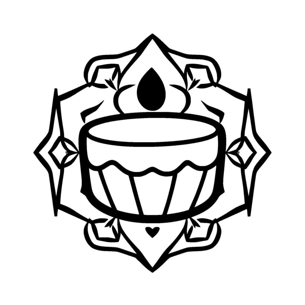 Geometric cake illustration within a symmetrical mandala, featuring a teardrop and heart in a black and white . vector