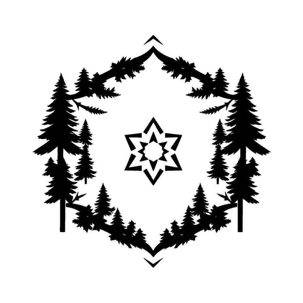 A minimalist monochrome illustration depicting a hexagonal forest frame enclosing a complex geometric star , evoking a sense of nature, balance, and spirituality. vector