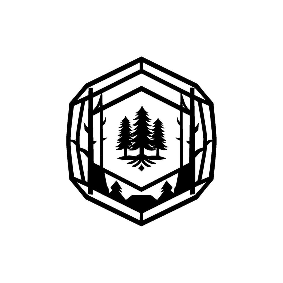 Minimalist Black and White Nature Featuring Pine Trees, Forest Silhouettes, and a Hexagonal Geometric Frame. vector