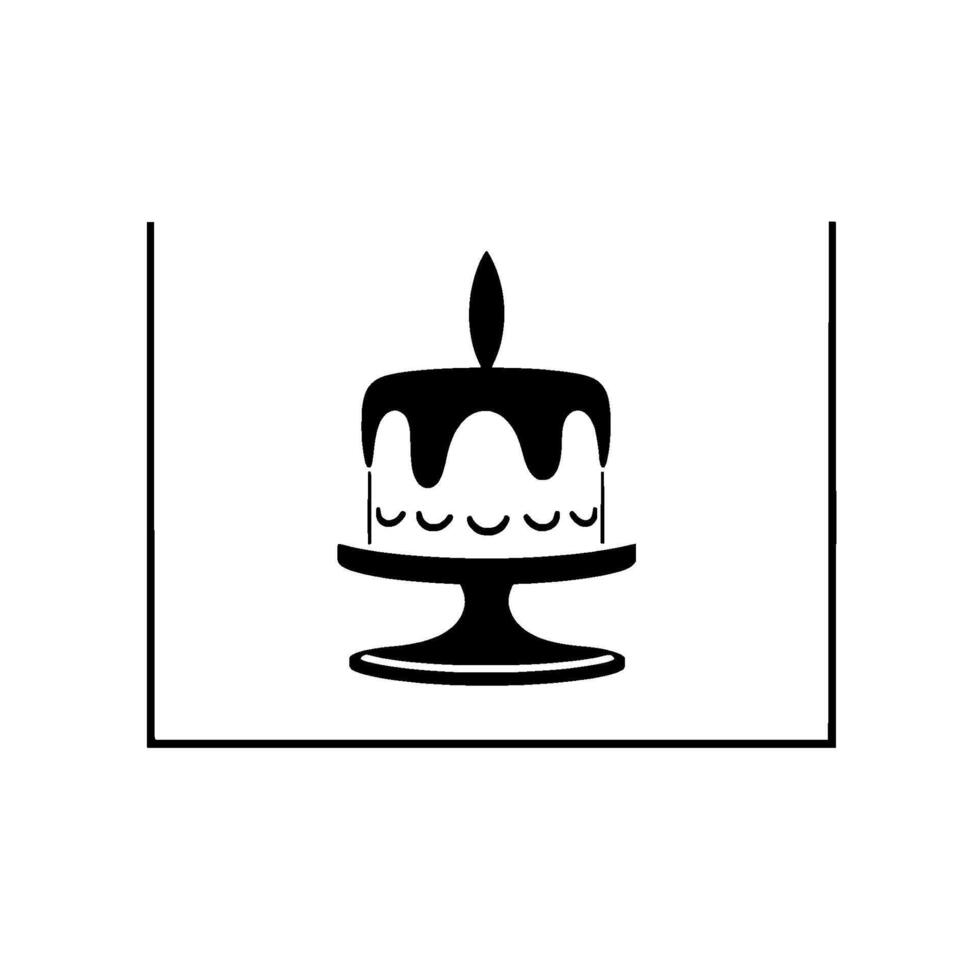 Minimalist Black and White Birthday Cake Illustration with a Lit Candle on a Cake Stand Within a Framed Composition. vector