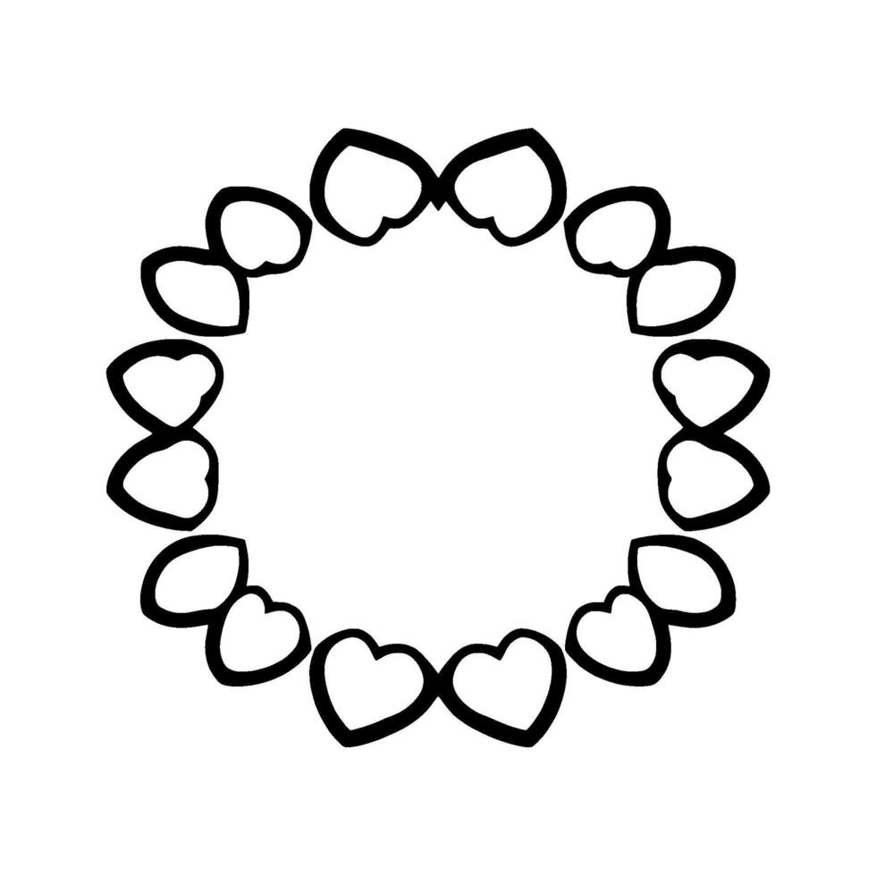 A symmetrical, minimalist of a ring composed of interconnected, stylized doublehearts, rendered in thick black lines on a stark white background. vector